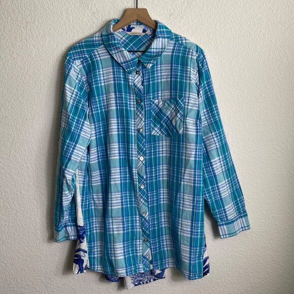 Soft Surroundings Aramie Women’s Plaid Front Peacock Back Shirt Size 1X Top - Picture 5 of 11